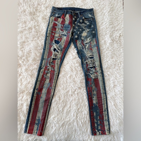 Ralph Lauren  Denim  & Supply Blue Jeans Denim Pants Distressed USA Flag RARE - Picture 4 of 16